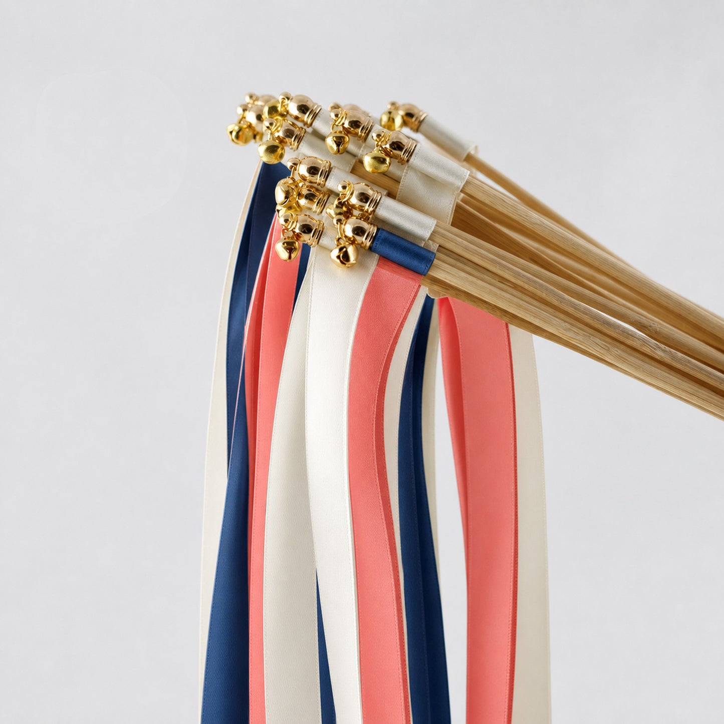 Navy Coral Wedding Send-Off Wands - Triple Satin Ribbon in Off White, Navy and Coral Pink