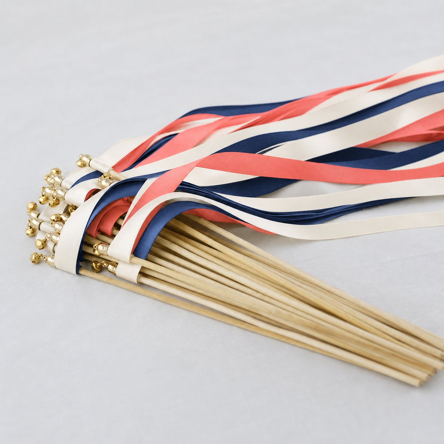 Navy Coral Wedding Send-Off Wands - Triple Satin Ribbon in Off White, Navy and Coral Pink