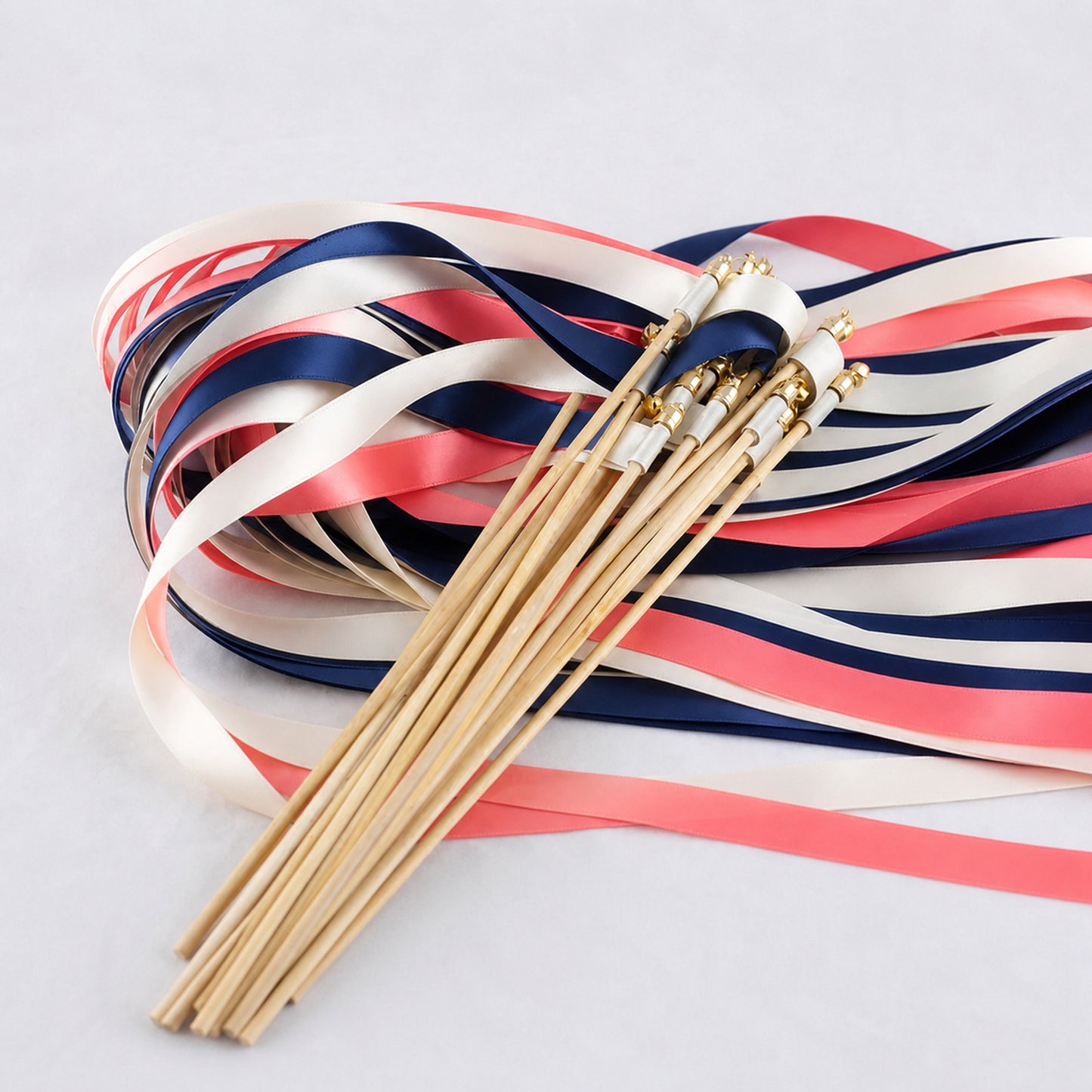 Navy Coral Wedding Send-Off Wands - Triple Satin Ribbon in Off White, Navy and Coral Pink