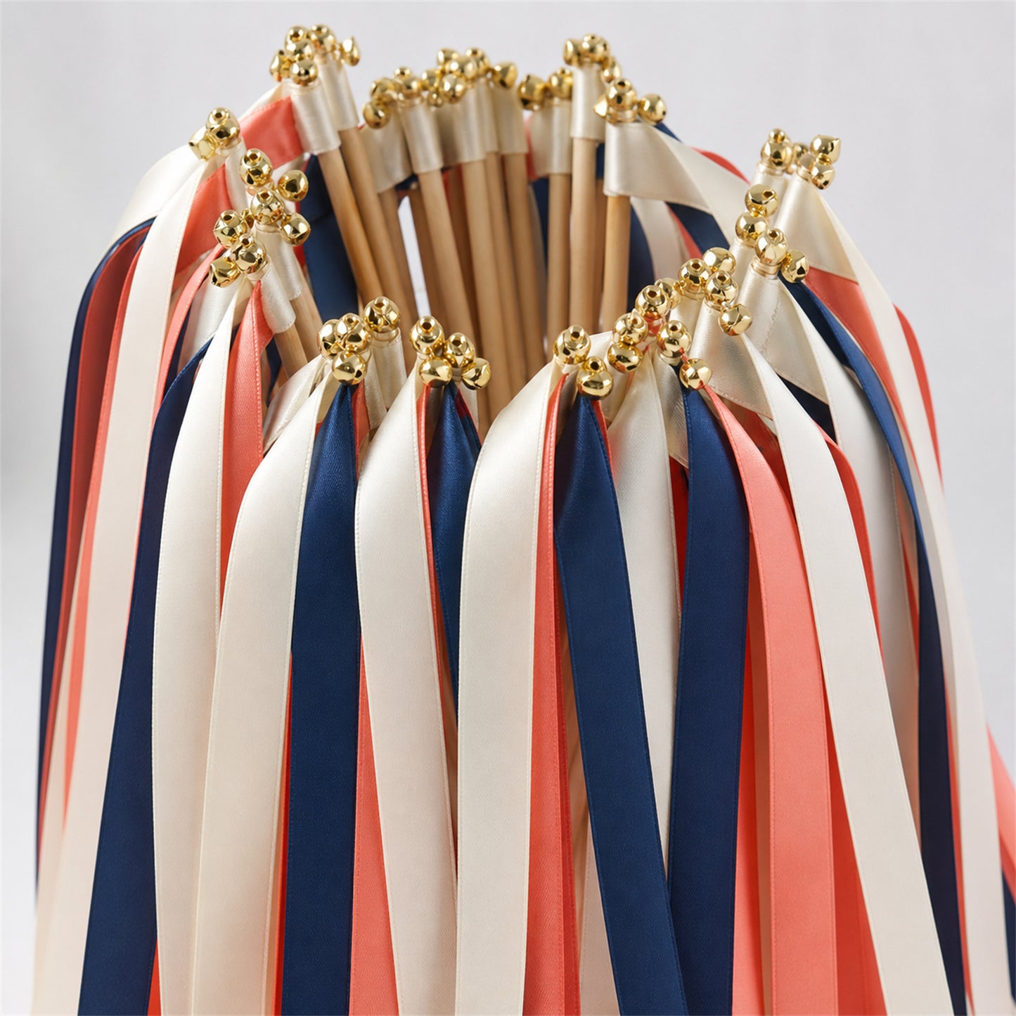Navy Coral Wedding Send-Off Wands - Triple Satin Ribbon in Off White, Navy and Coral Pink