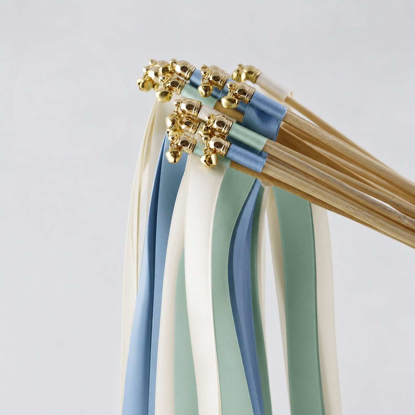 Coastal Mist Wedding Send-Off Wands - Triple Satin Ribbon in Off White, Seamist and Dusty Blue