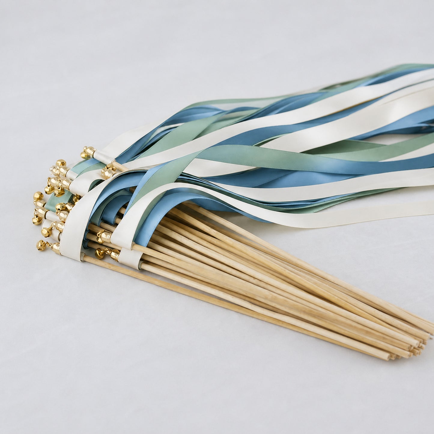 Coastal Mist Wedding Send-Off Wands - Triple Satin Ribbon in Off White, Seamist and Dusty Blue