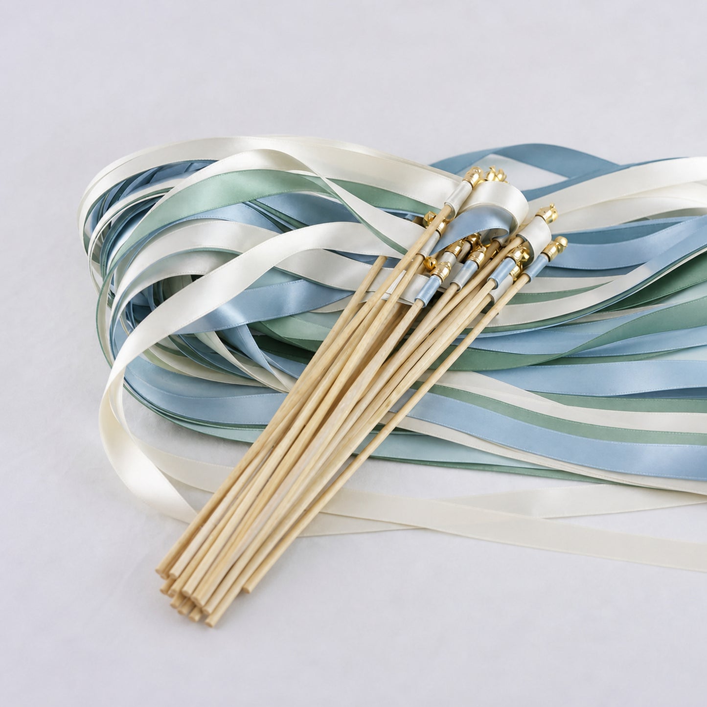 Coastal Mist Wedding Send-Off Wands - Triple Satin Ribbon in Off White, Seamist and Dusty Blue