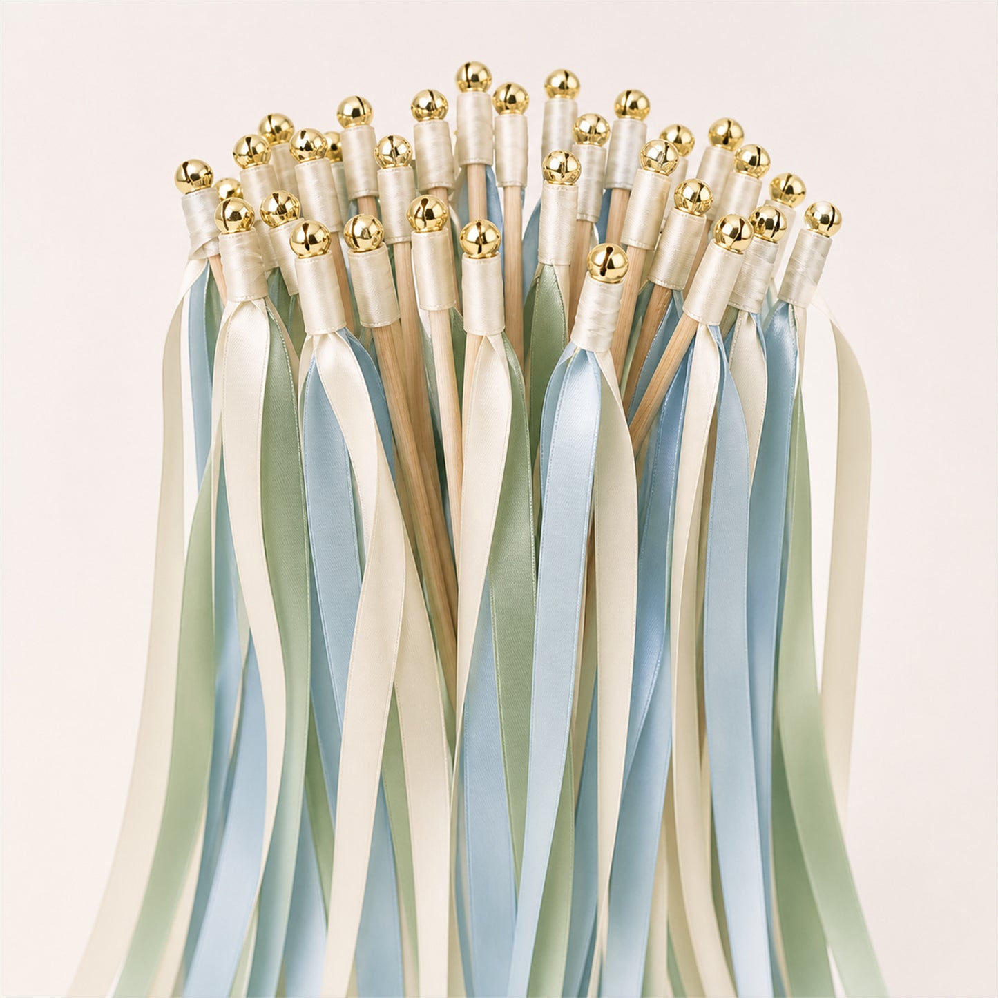 Coastal Mist Wedding Send-Off Wands - Triple Satin Ribbon in Off White, Seamist and Dusty Blue