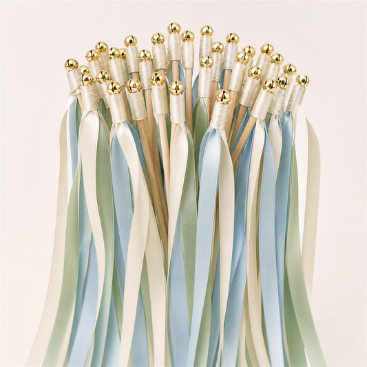 Coastal Mist Wedding Send-Off Wands - Triple Satin Ribbon in Off White, Seamist and Dusty Blue