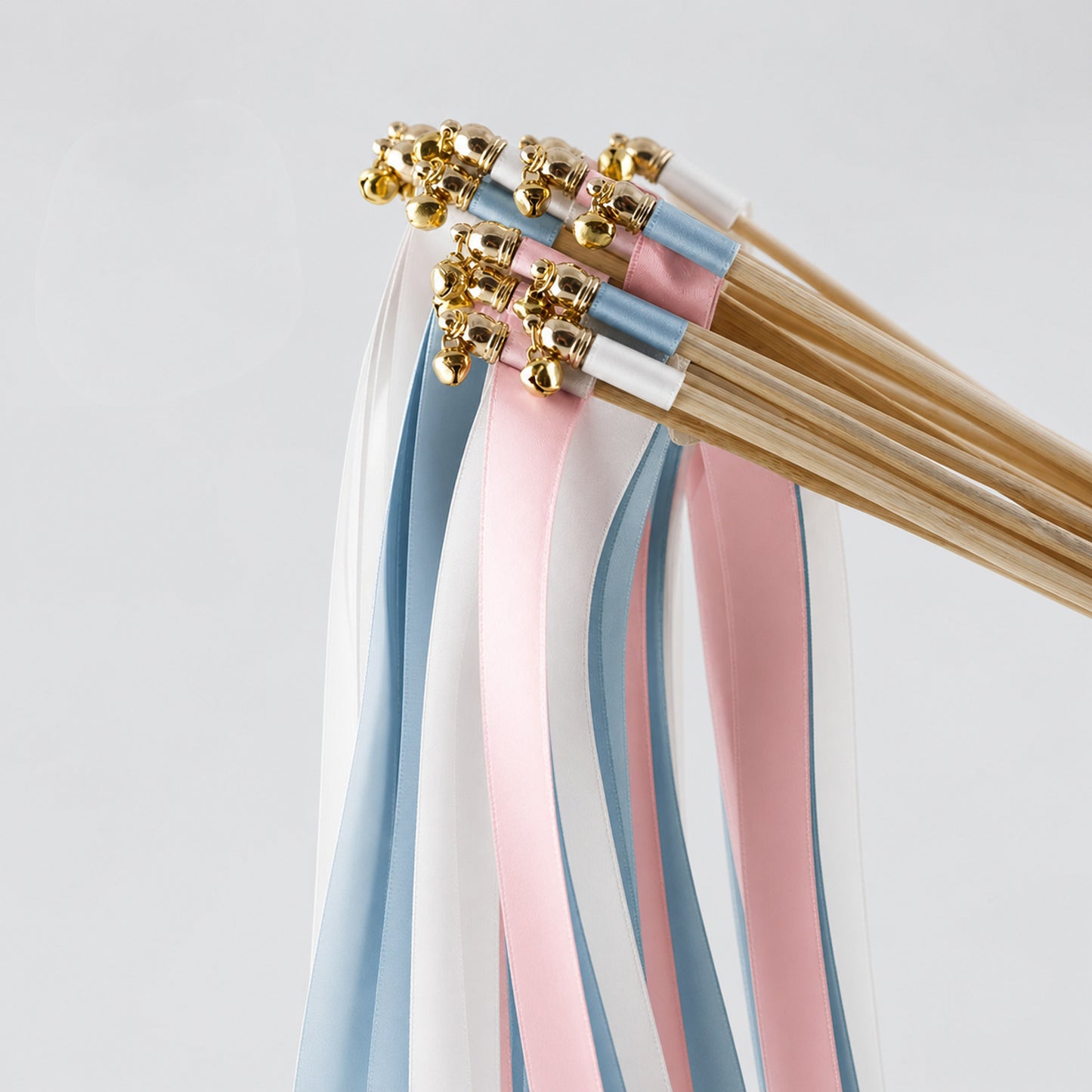 Something Blue Blush Wedding Ribbon Wands with Bell - White, Dusty Blue and Light Pink