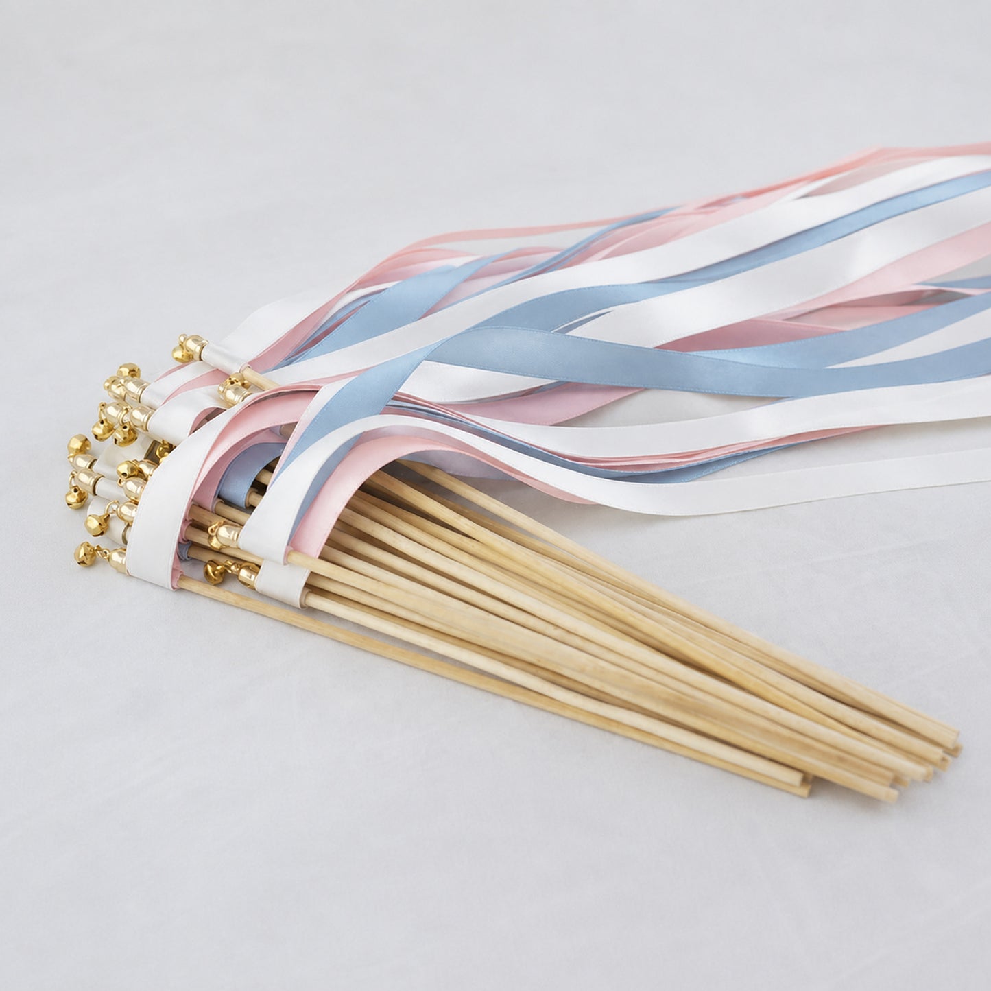 Something Blue Blush Wedding Ribbon Wands with Bell - White, Dusty Blue and Light Pink