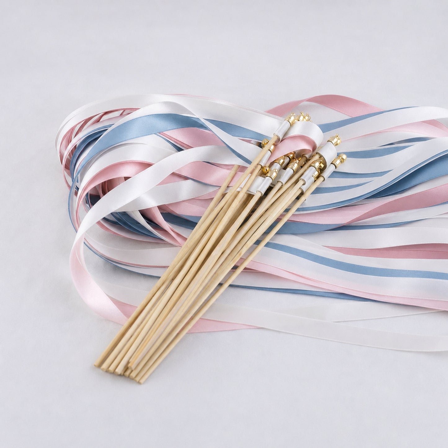 Something Blue Blush Wedding Ribbon Wands with Bell - White, Dusty Blue and Light Pink