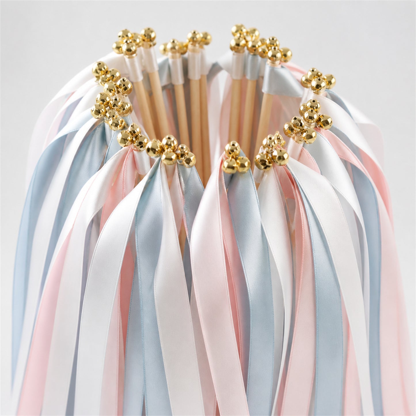 Something Blue Blush Wedding Ribbon Wands with Bell - White, Dusty Blue and Light Pink