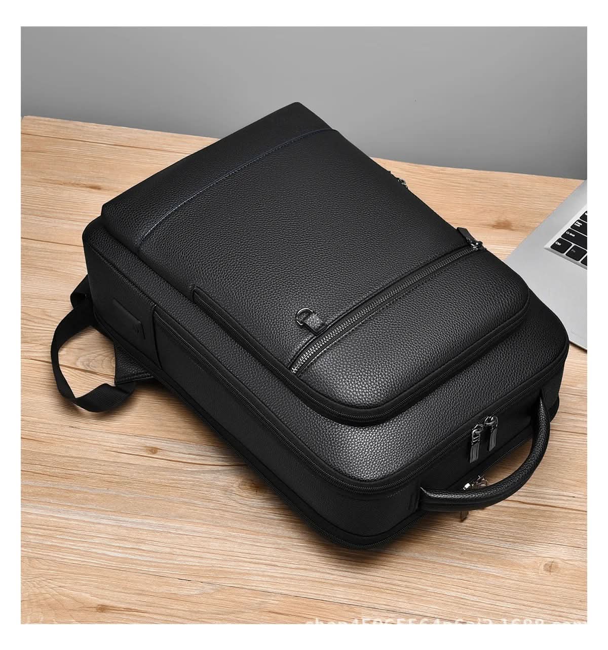Black Leather Backpack with USB Charging Port for 15.6-Inch Laptop