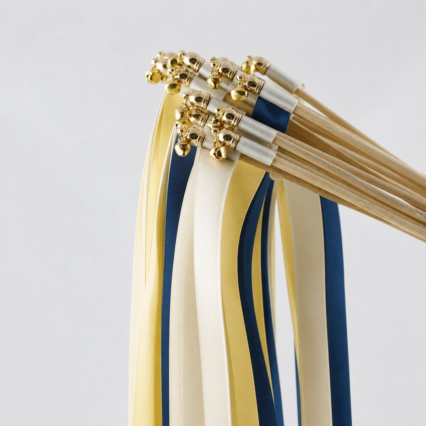 Handmade Cream, Light Navy and Baby Maize Wedding Ribbon Wands with Bell - Harbor Sunshine