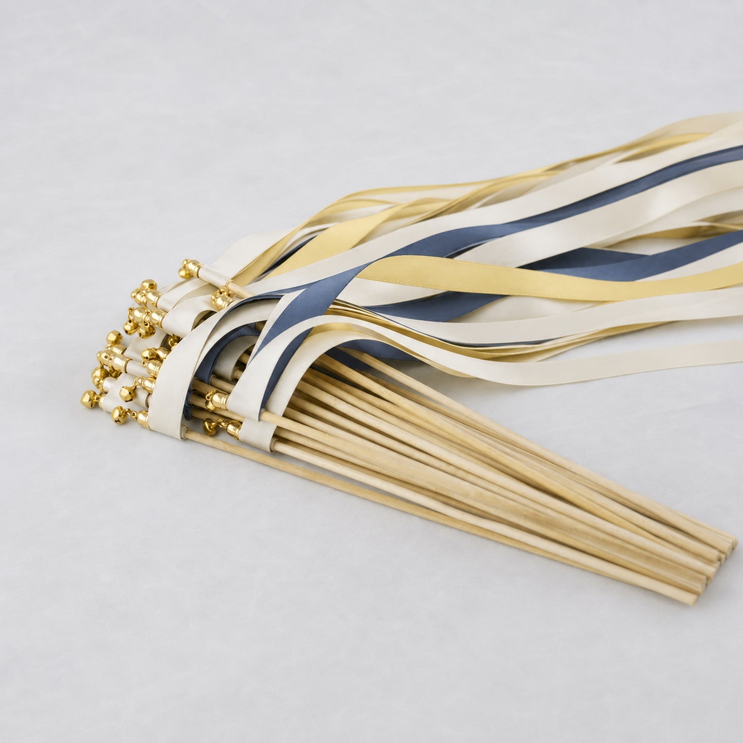 Handmade Cream, Light Navy and Baby Maize Wedding Ribbon Wands with Bell - Harbor Sunshine
