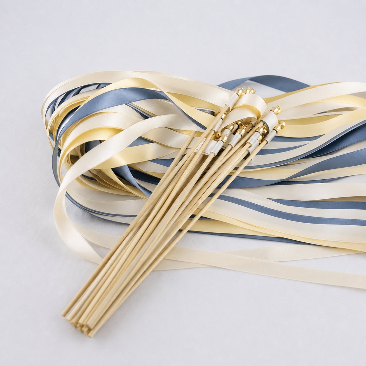 Handmade Cream, Light Navy and Baby Maize Wedding Ribbon Wands with Bell - Harbor Sunshine