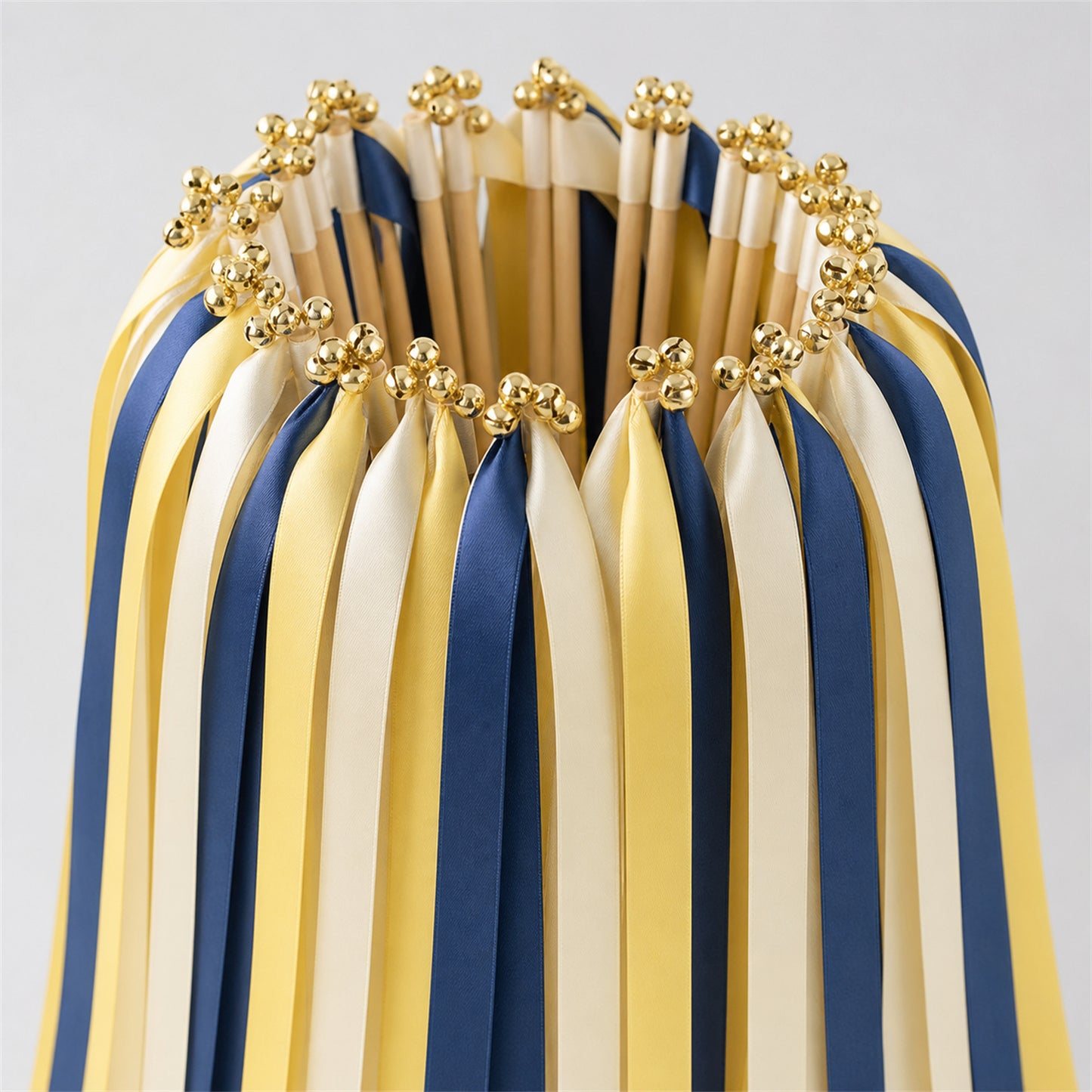 Handmade Cream, Light Navy and Baby Maize Wedding Ribbon Wands with Bell - Harbor Sunshine