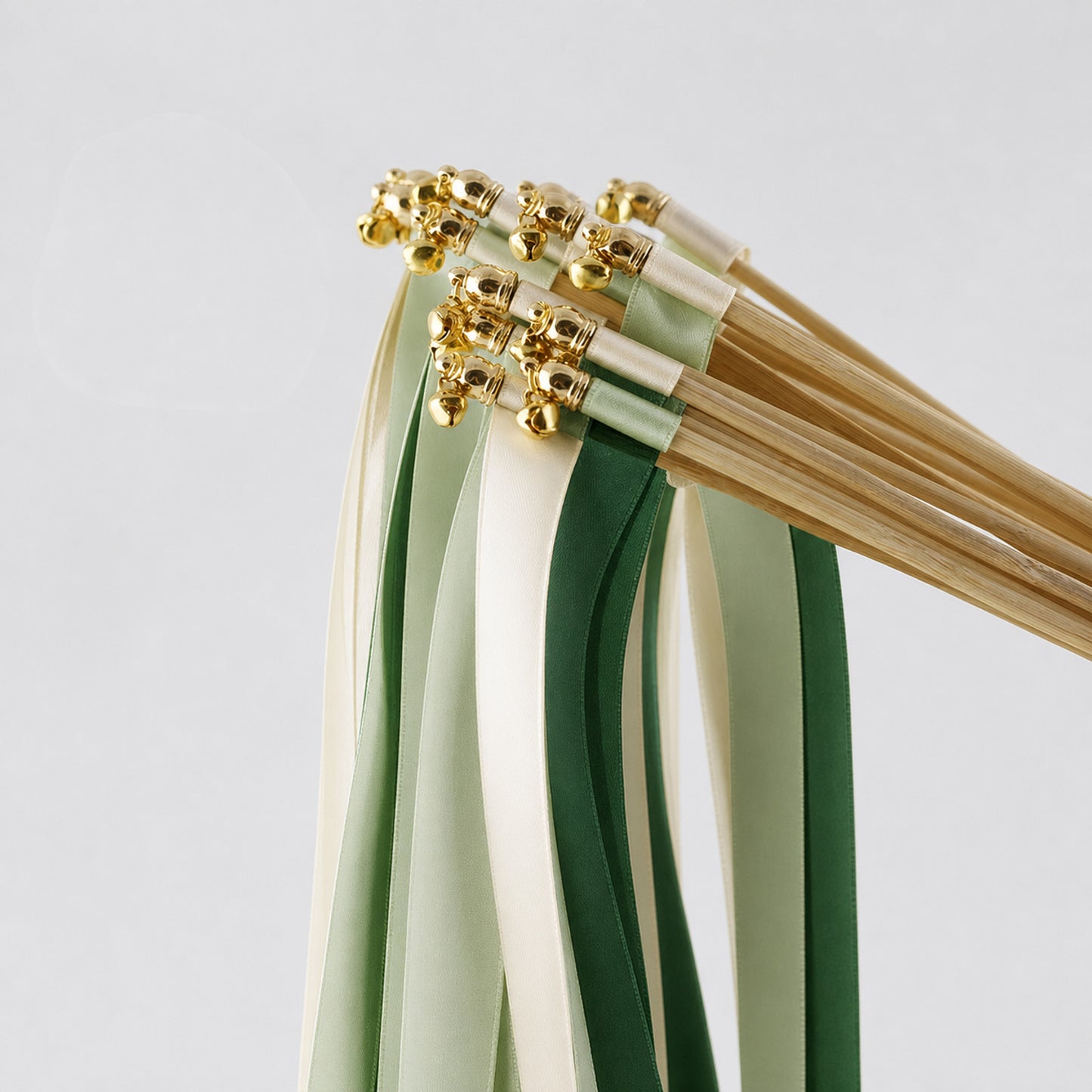 Handmade Ivory, Celadon and Hunter Wedding Ribbon Wands with Bell - Woodland Botanical