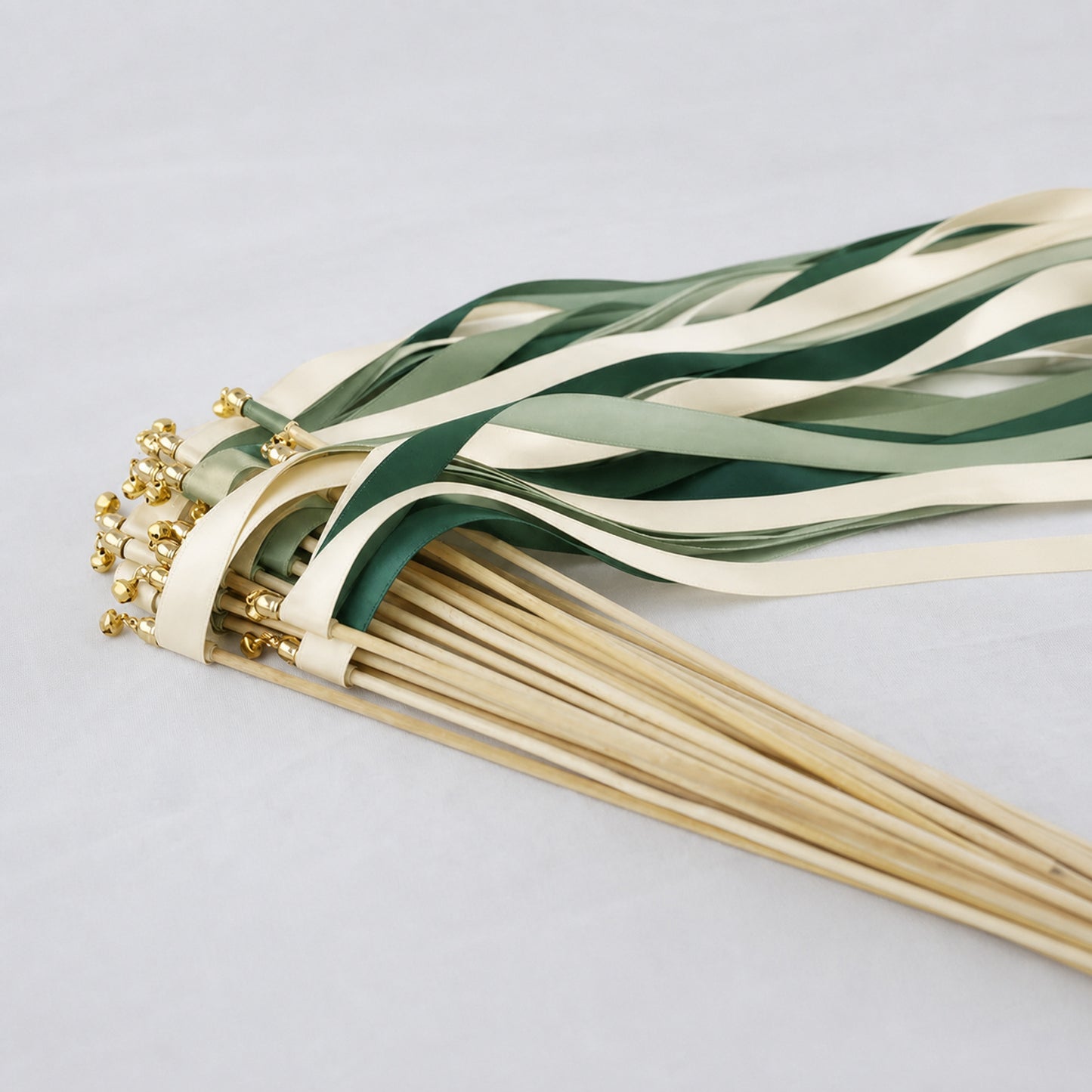 Handmade Ivory, Celadon and Hunter Wedding Ribbon Wands with Bell - Woodland Botanical