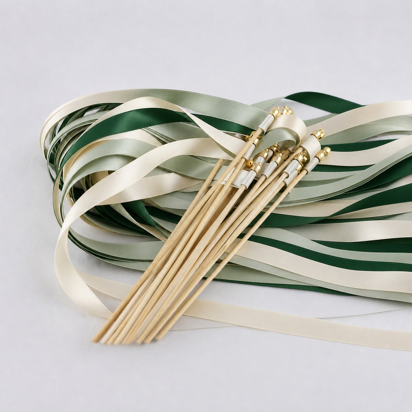 Handmade Ivory, Celadon and Hunter Wedding Ribbon Wands with Bell - Woodland Botanical