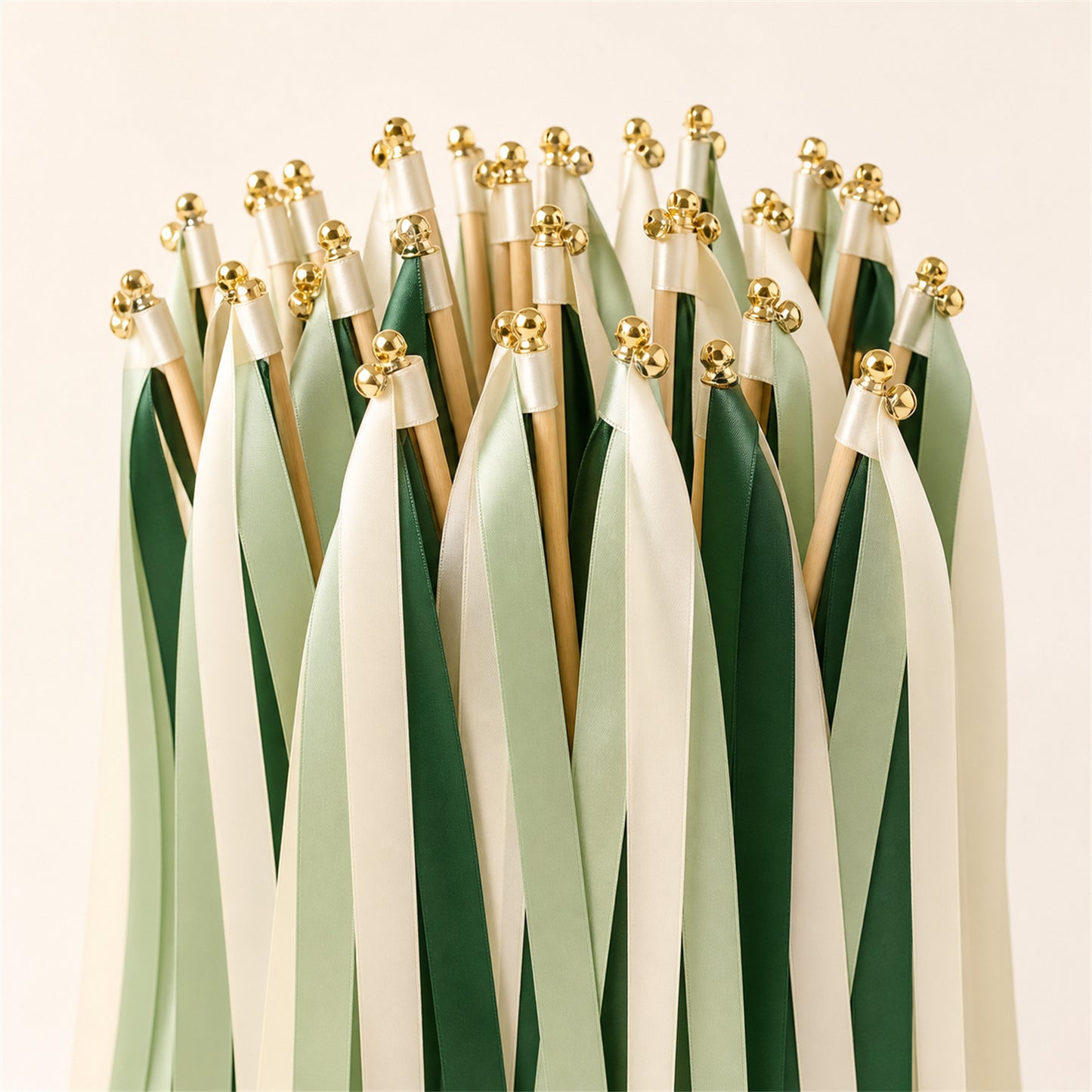 Handmade Ivory, Celadon and Hunter Wedding Ribbon Wands with Bell - Woodland Botanical