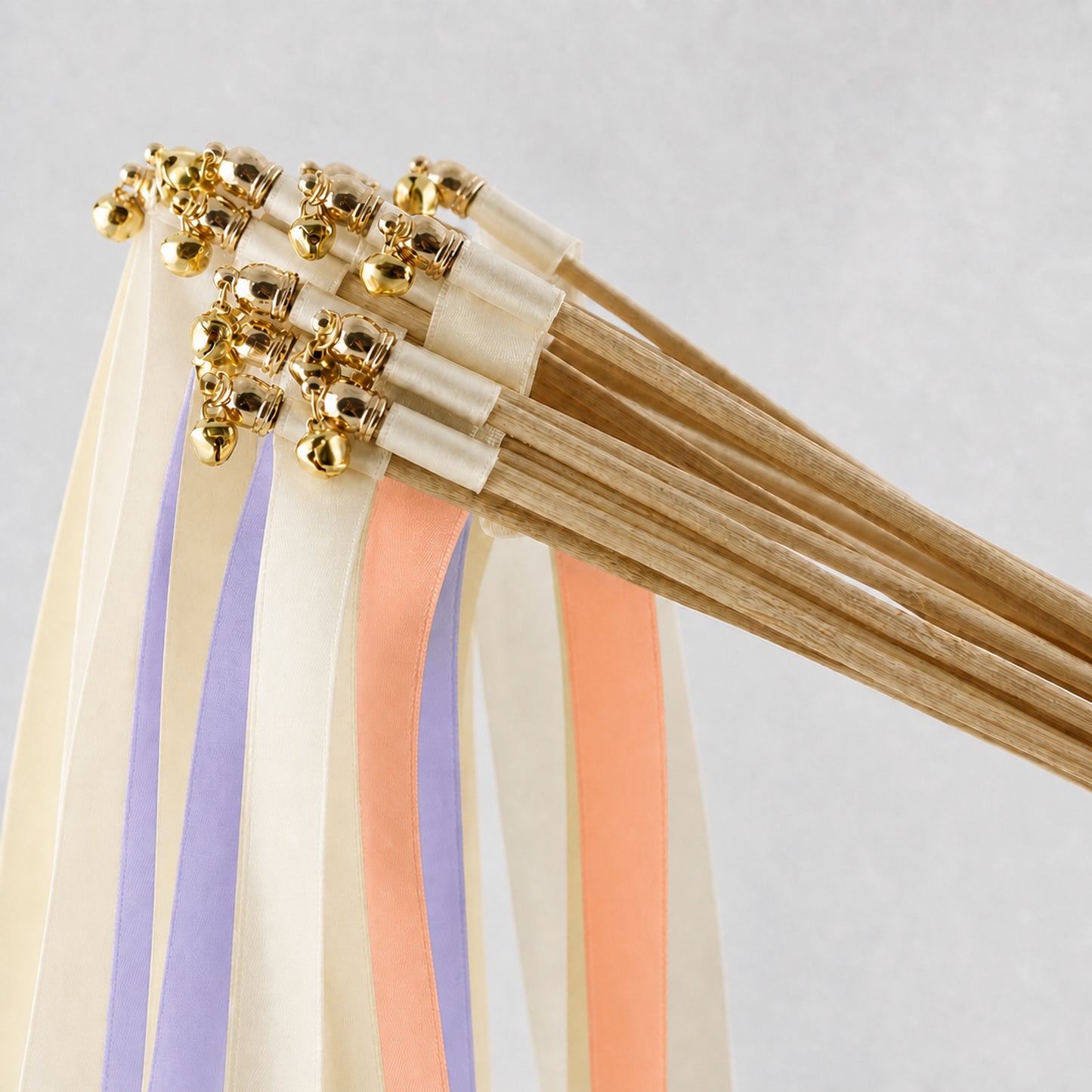 Lilac Peach Wedding Ribbon Wands with Bell - Ivory, Lilac and Peach Triple Satin Ribbon