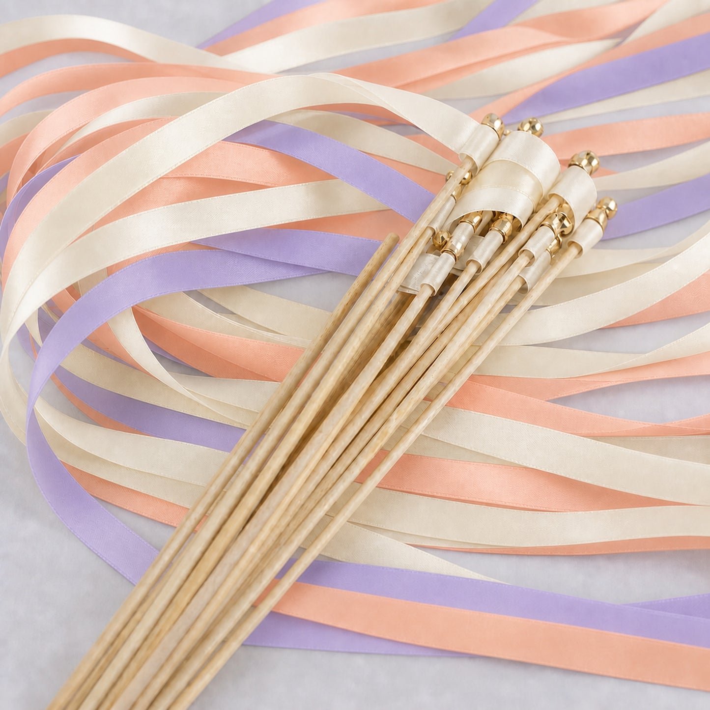 Lilac Peach Wedding Ribbon Wands with Bell - Ivory, Lilac and Peach Triple Satin Ribbon
