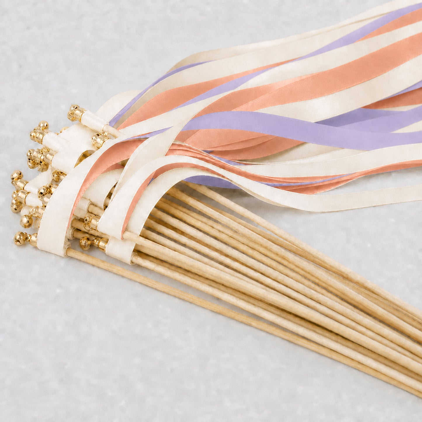 Lilac Peach Wedding Ribbon Wands with Bell - Ivory, Lilac and Peach Triple Satin Ribbon