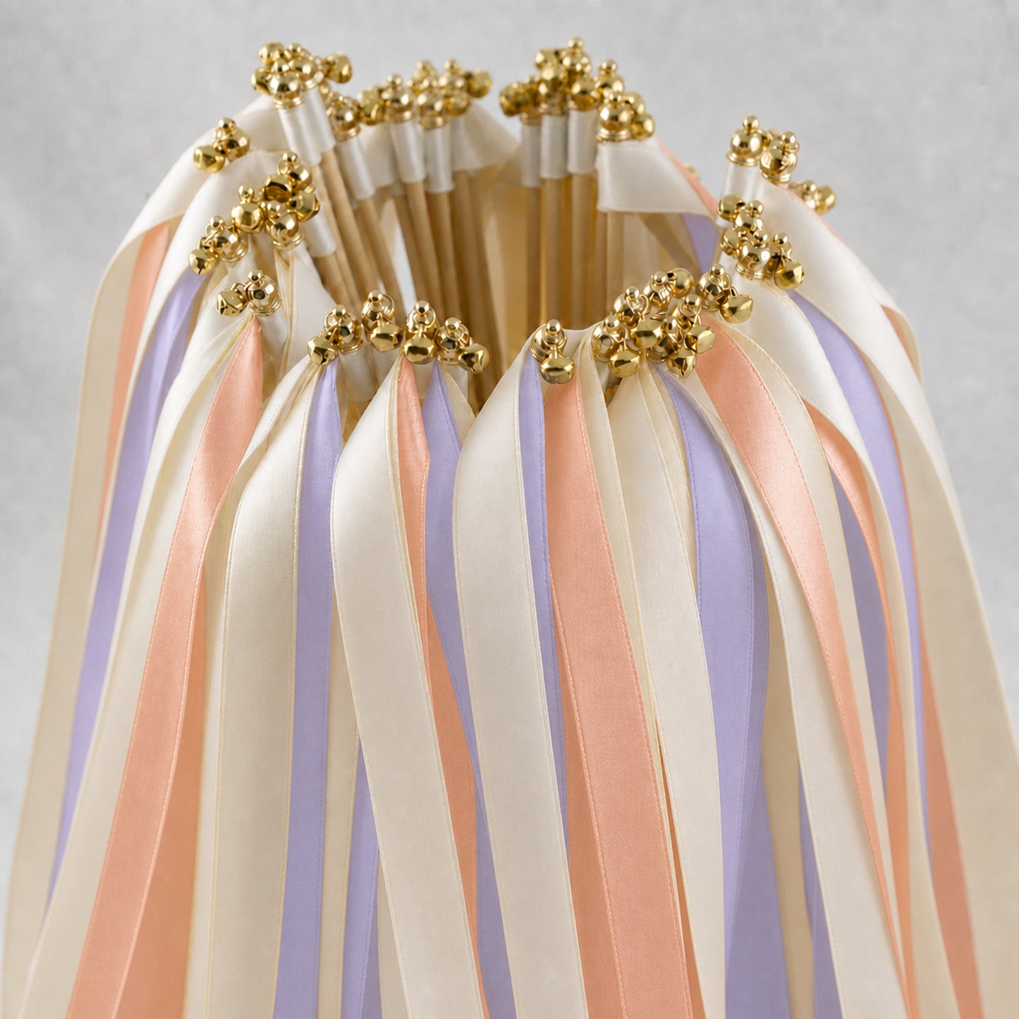 Lilac Peach Wedding Ribbon Wands with Bell - Ivory, Lilac and Peach Triple Satin Ribbon