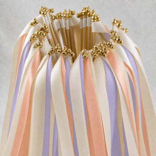 Lilac Peach Wedding Ribbon Wands with Bell - Ivory, Lilac and Peach Triple Satin Ribbon