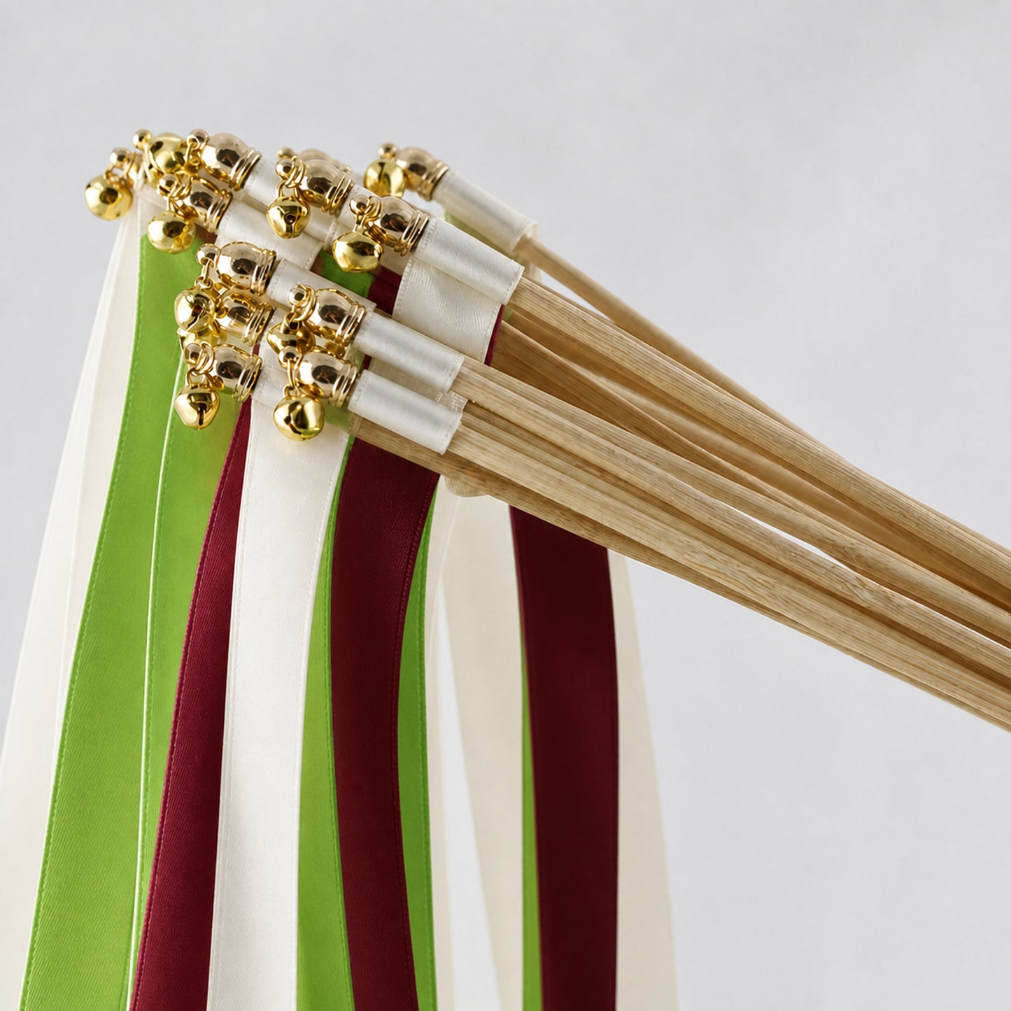 Handmade Editorial Wedding Ribbon Wands - Off White, Apple Green and Burgundy with Bell