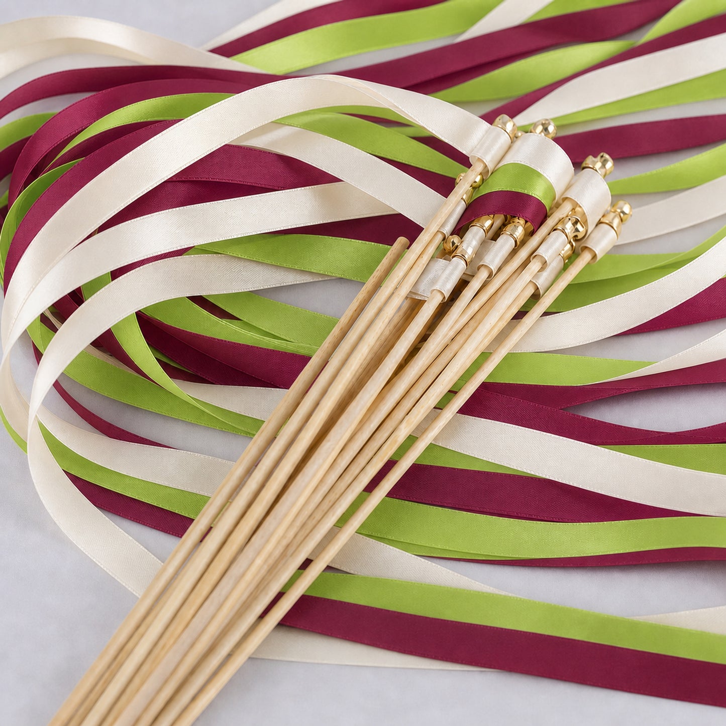 Handmade Editorial Wedding Ribbon Wands - Off White, Apple Green and Burgundy with Bell