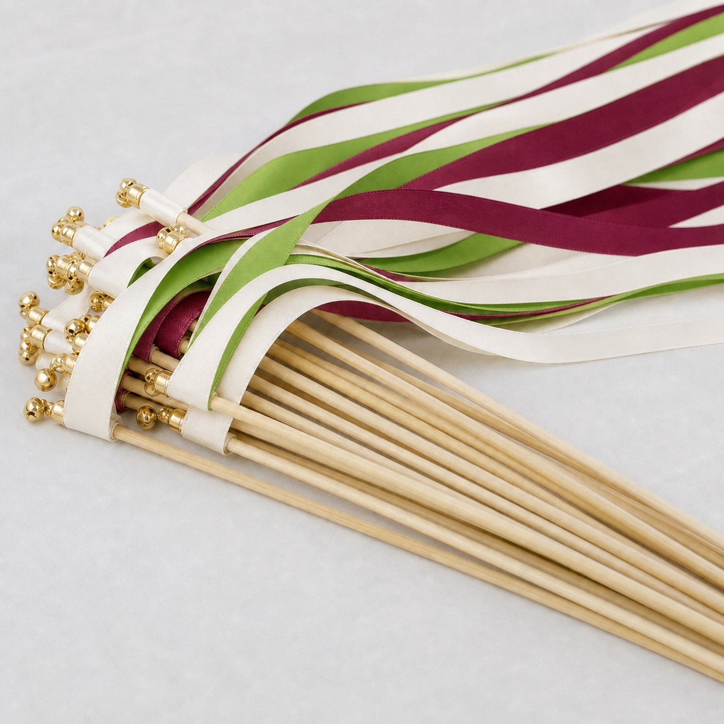 Handmade Editorial Wedding Ribbon Wands - Off White, Apple Green and Burgundy with Bell