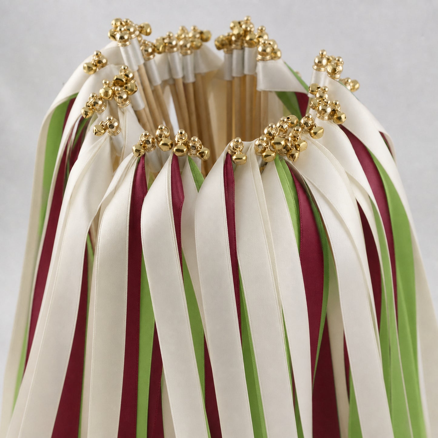 Handmade Editorial Wedding Ribbon Wands - Off White, Apple Green and Burgundy with Bell