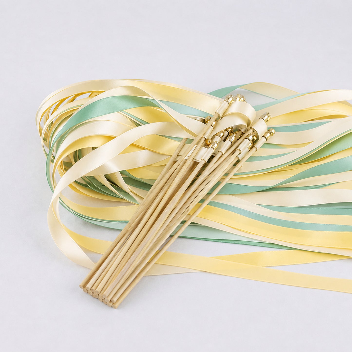 Sunny Meadow Wedding Send-Off Wands - Triple Satin Ribbon in Cream, Baby Maize and Seamist