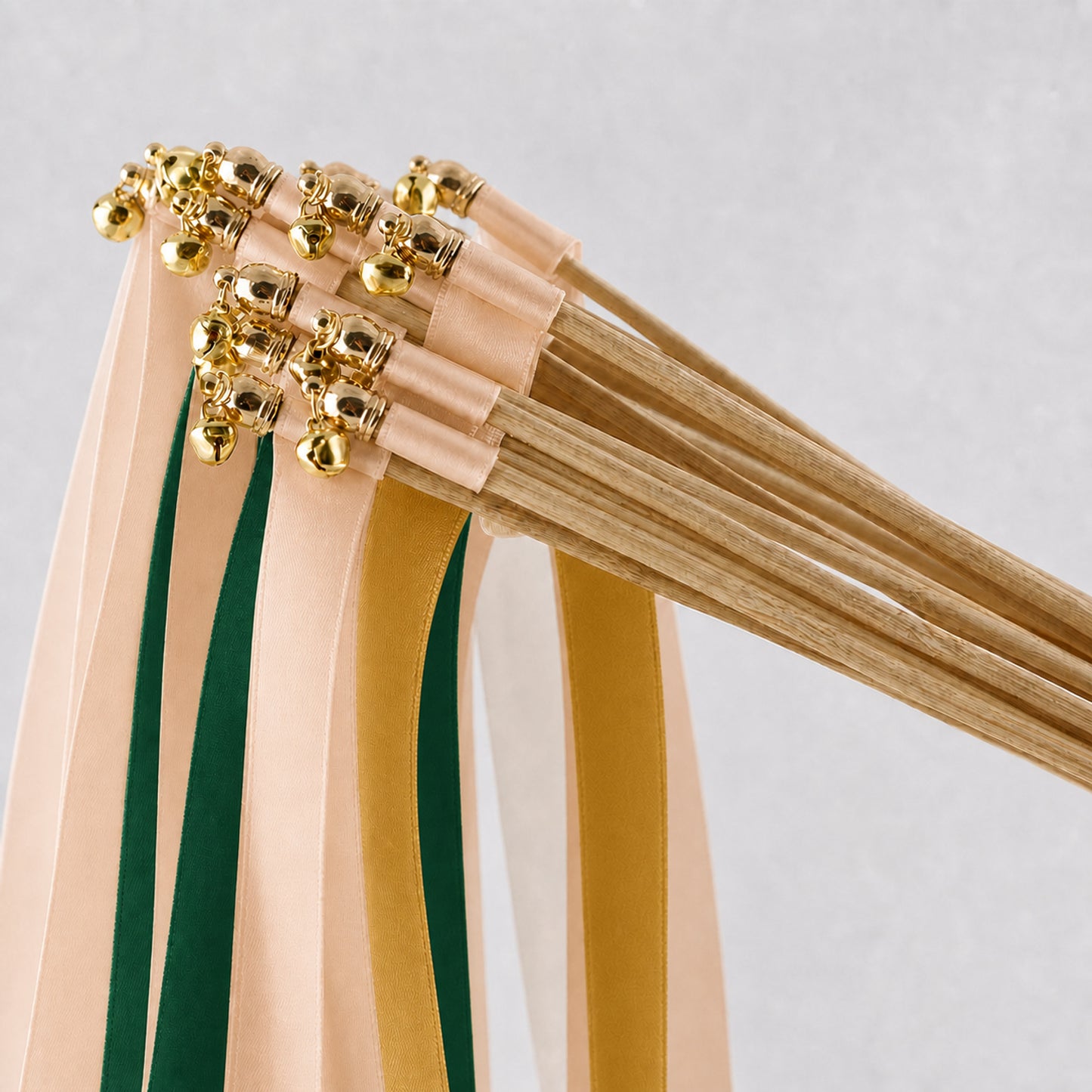 Woodland Wedding Ribbon Wands with Bell - Nude, Hunter Green and Old Gold