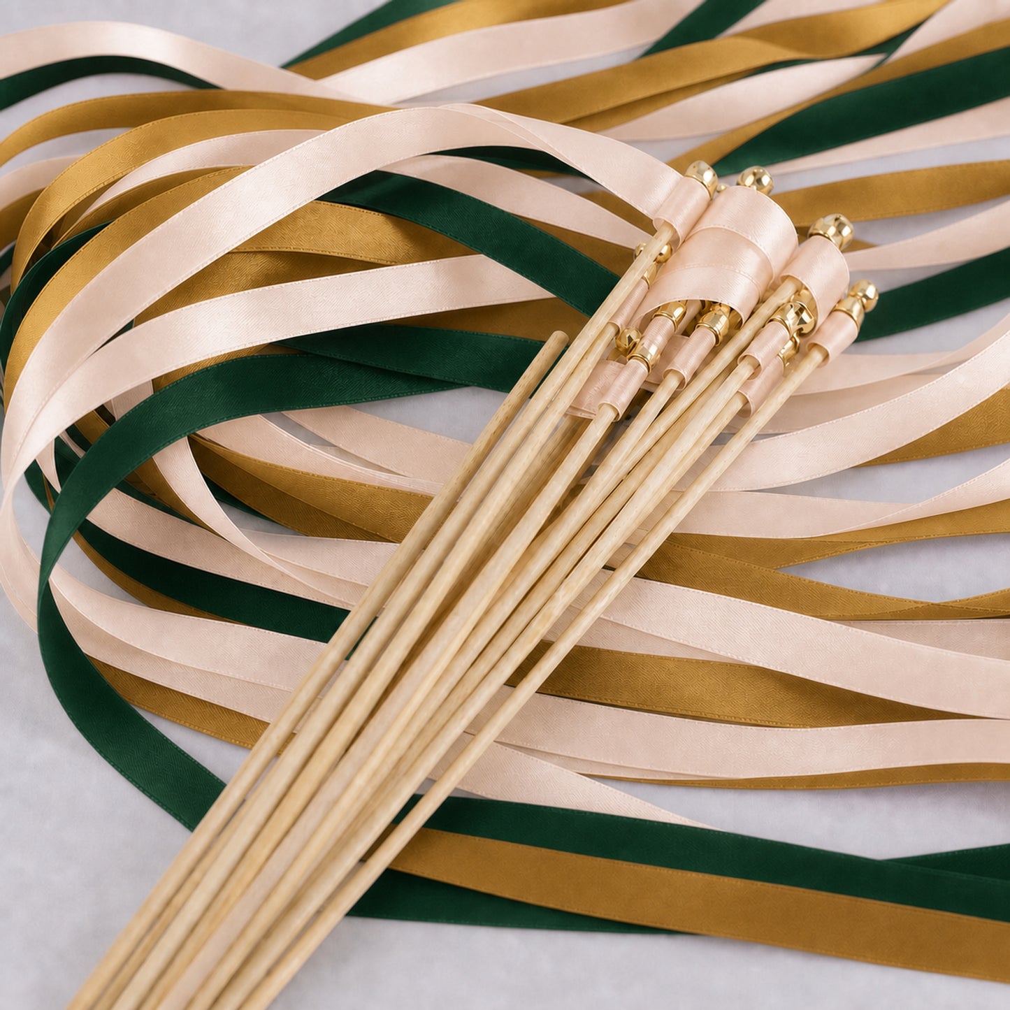 Woodland Wedding Ribbon Wands with Bell - Nude, Hunter Green and Old Gold