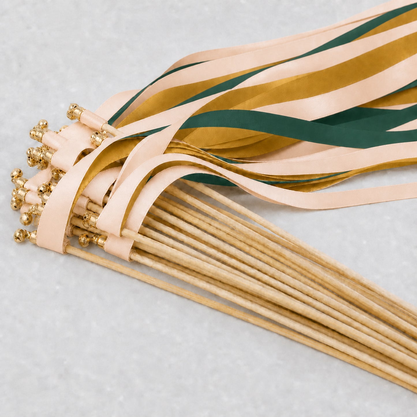 Woodland Wedding Ribbon Wands with Bell - Nude, Hunter Green and Old Gold