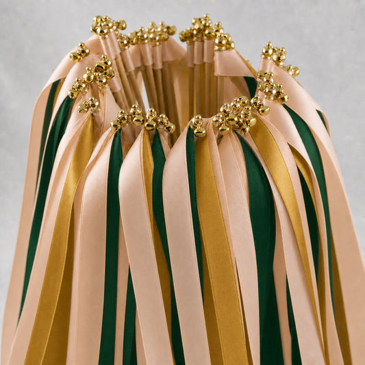 Woodland Wedding Ribbon Wands with Bell - Nude, Hunter Green and Old Gold