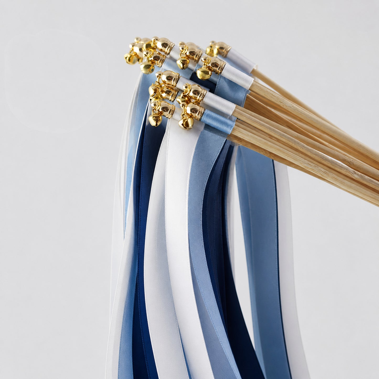 Classic Blue Estate Ribbon Wedding Wands - White, Dusty Blue and Light Navy Triple Ribbon and Bell