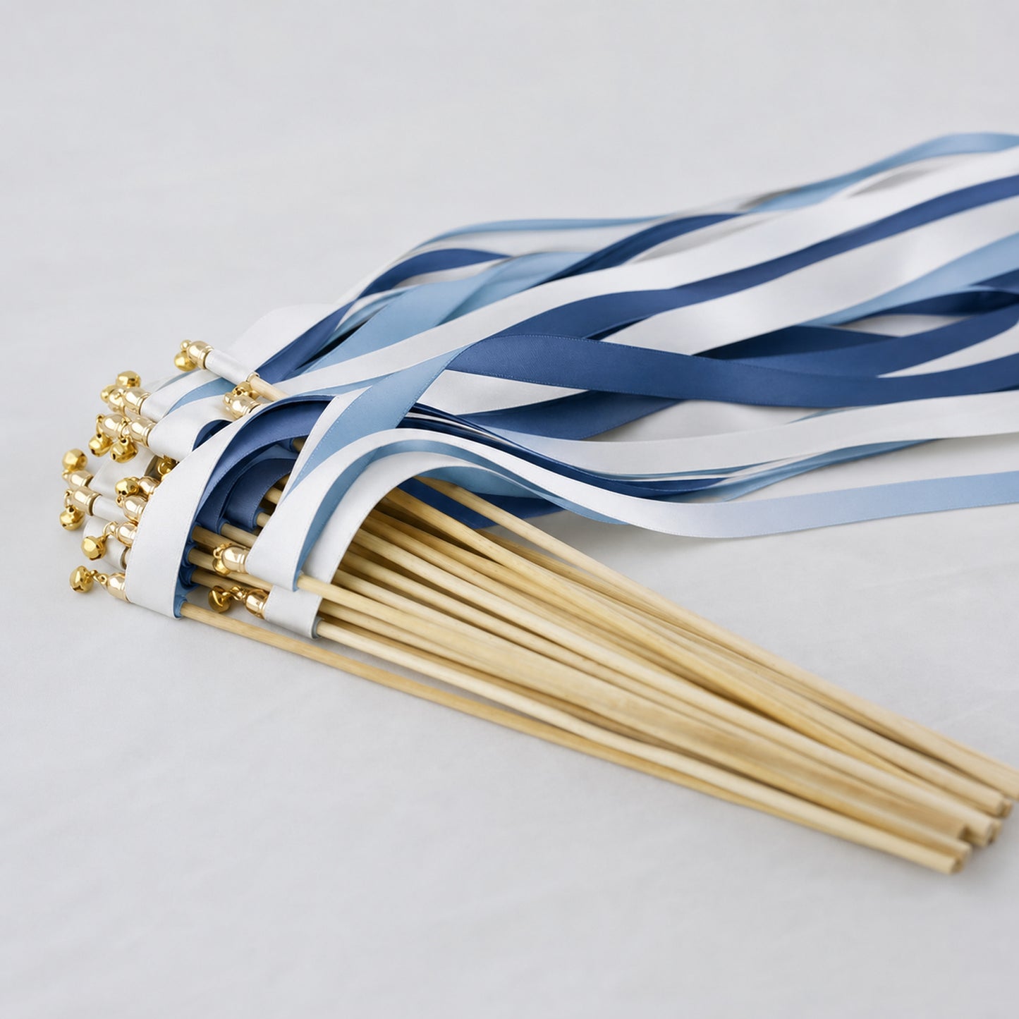 Classic Blue Estate Ribbon Wedding Wands - White, Dusty Blue and Light Navy Triple Ribbon and Bell