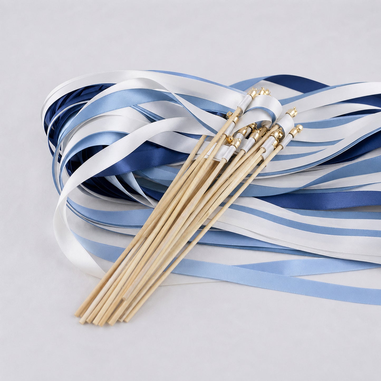 Classic Blue Estate Ribbon Wedding Wands - White, Dusty Blue and Light Navy Triple Ribbon and Bell