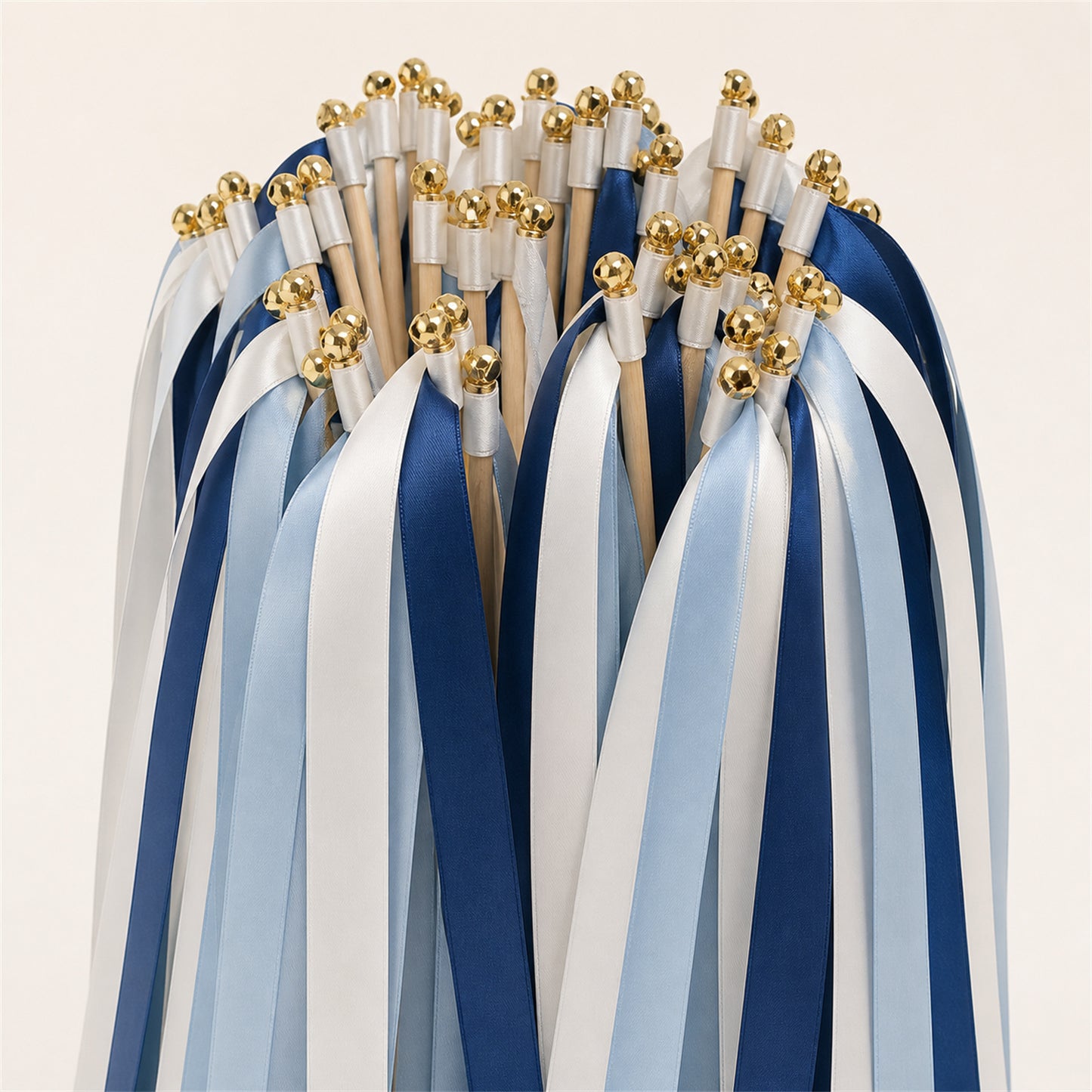 Classic Blue Estate Ribbon Wedding Wands - White, Dusty Blue and Light Navy Triple Ribbon and Bell