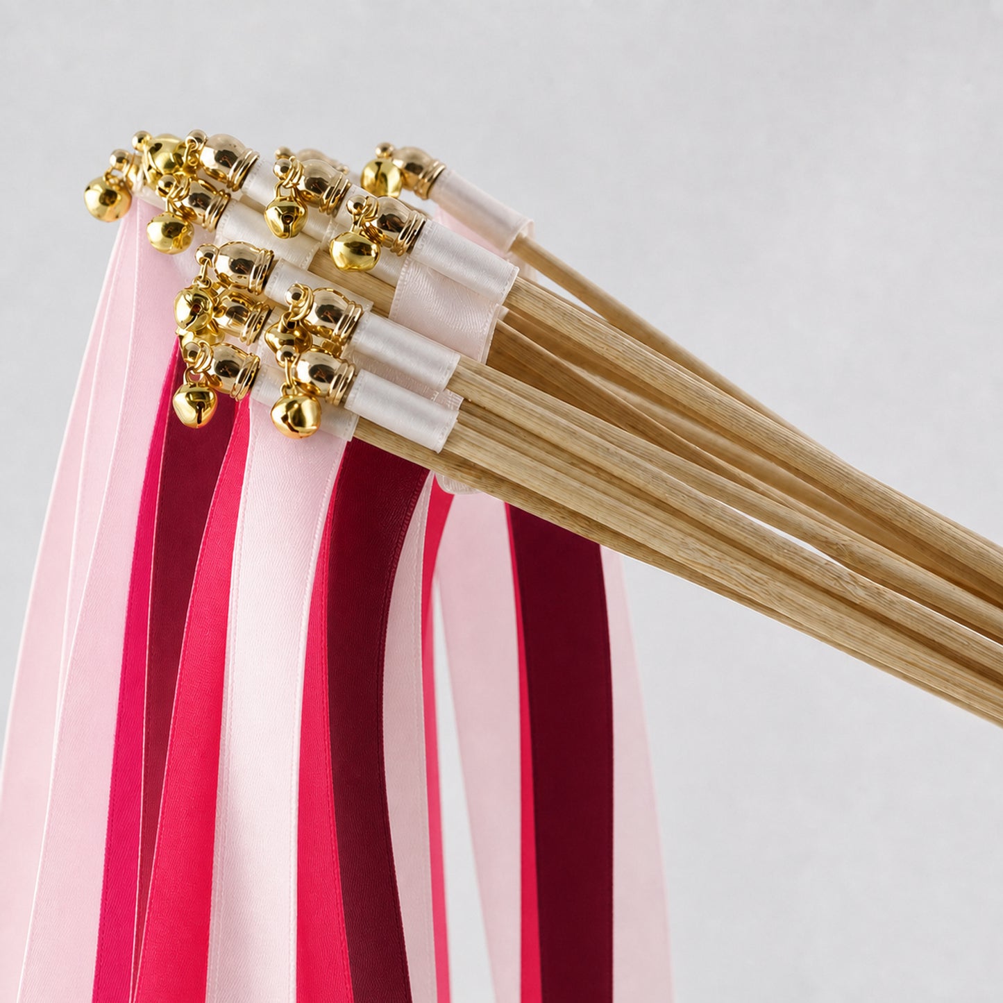 Handmade Pink Maximalist Wedding Wands with Bell - White Rose, Fuchsia and Wine Ribbons