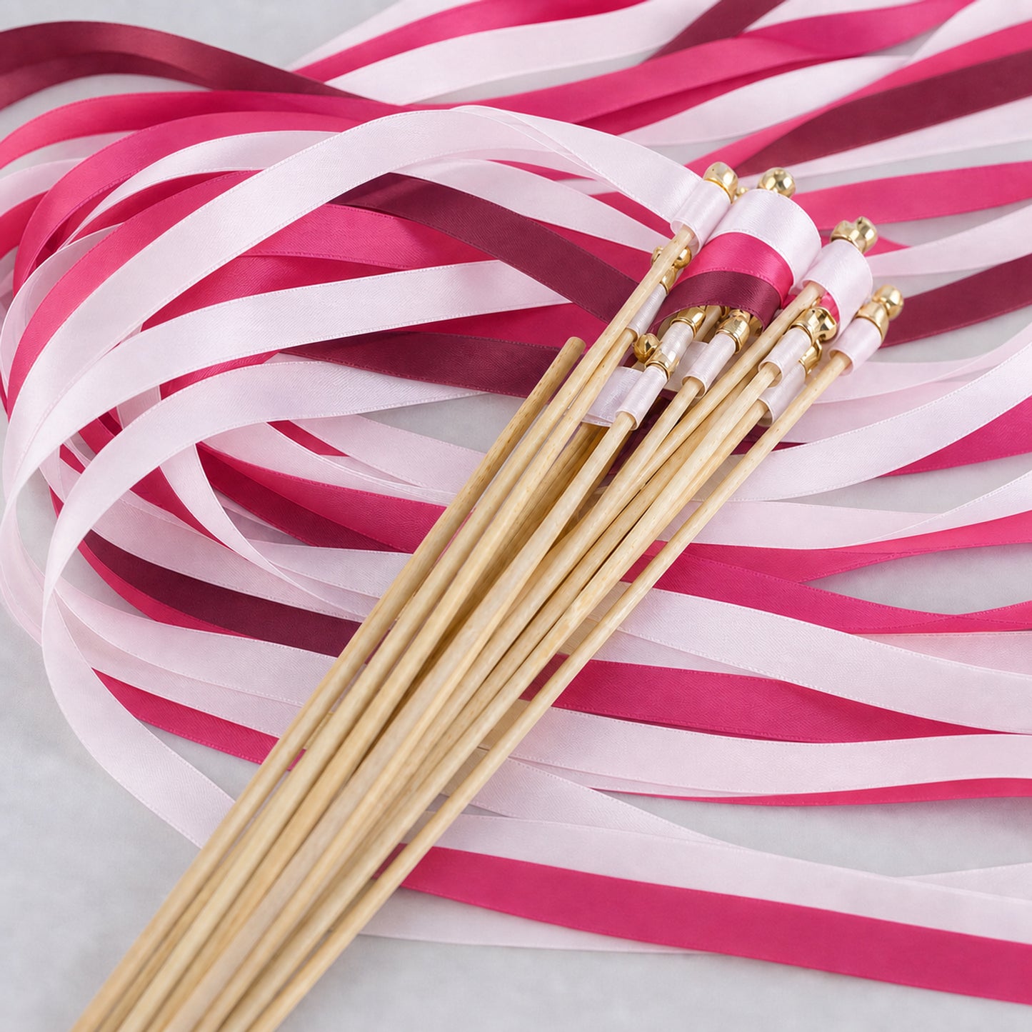 Handmade Pink Maximalist Wedding Wands with Bell - White Rose, Fuchsia and Wine Ribbons