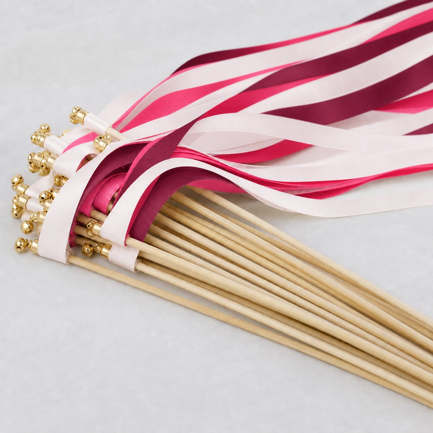 Handmade Pink Maximalist Wedding Wands with Bell - White Rose, Fuchsia and Wine Ribbons