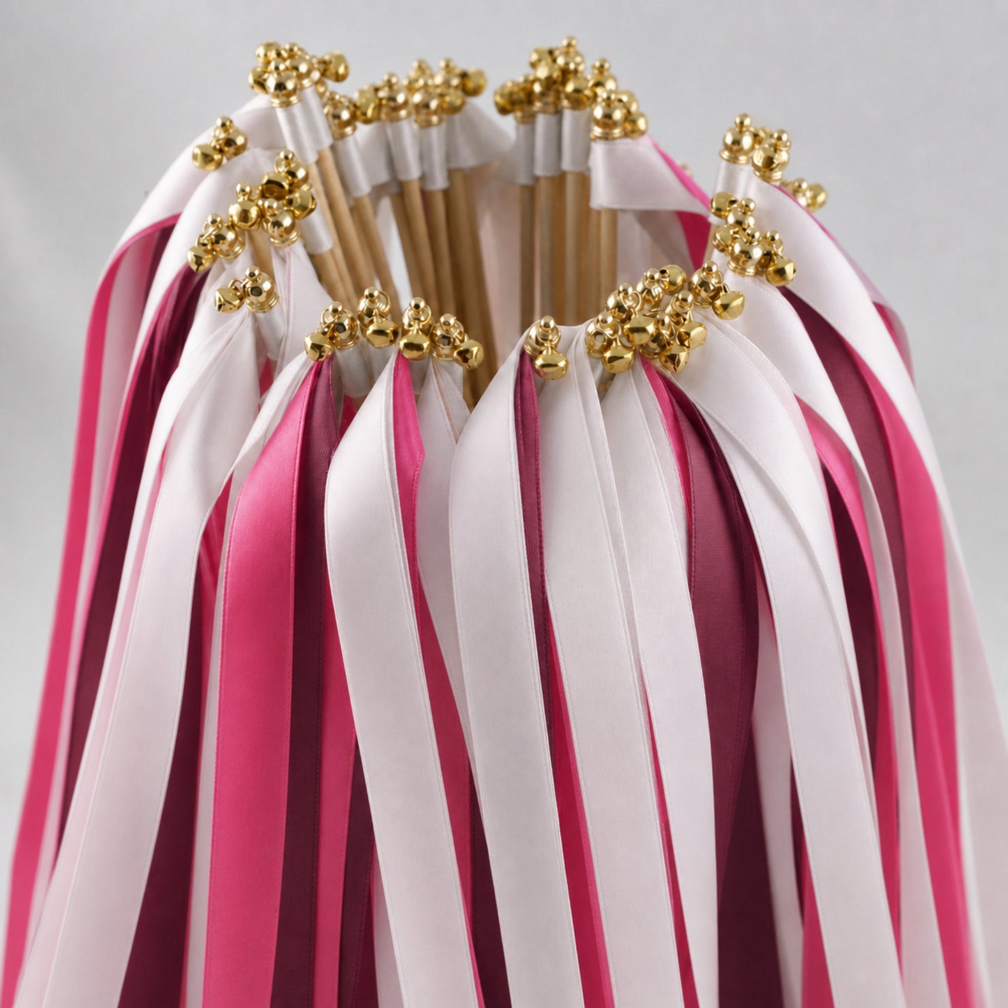 Handmade Pink Maximalist Wedding Wands with Bell - White Rose, Fuchsia and Wine Ribbons