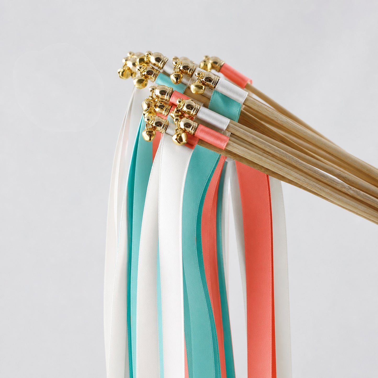Tropical Coast Ribbon Wedding Wands - White, Turquoise Blue and Coral Triple Ribbon and Bell
