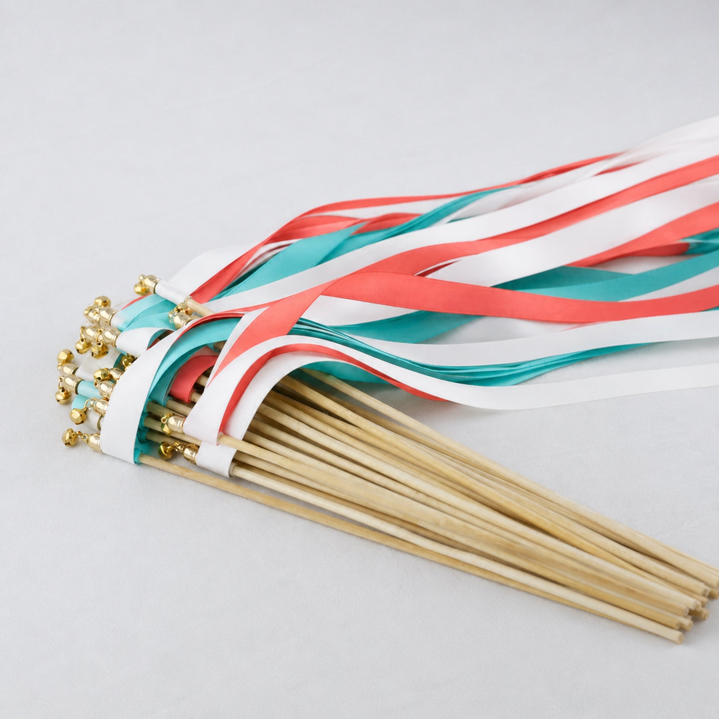 Tropical Coast Ribbon Wedding Wands - White, Turquoise Blue and Coral Triple Ribbon and Bell