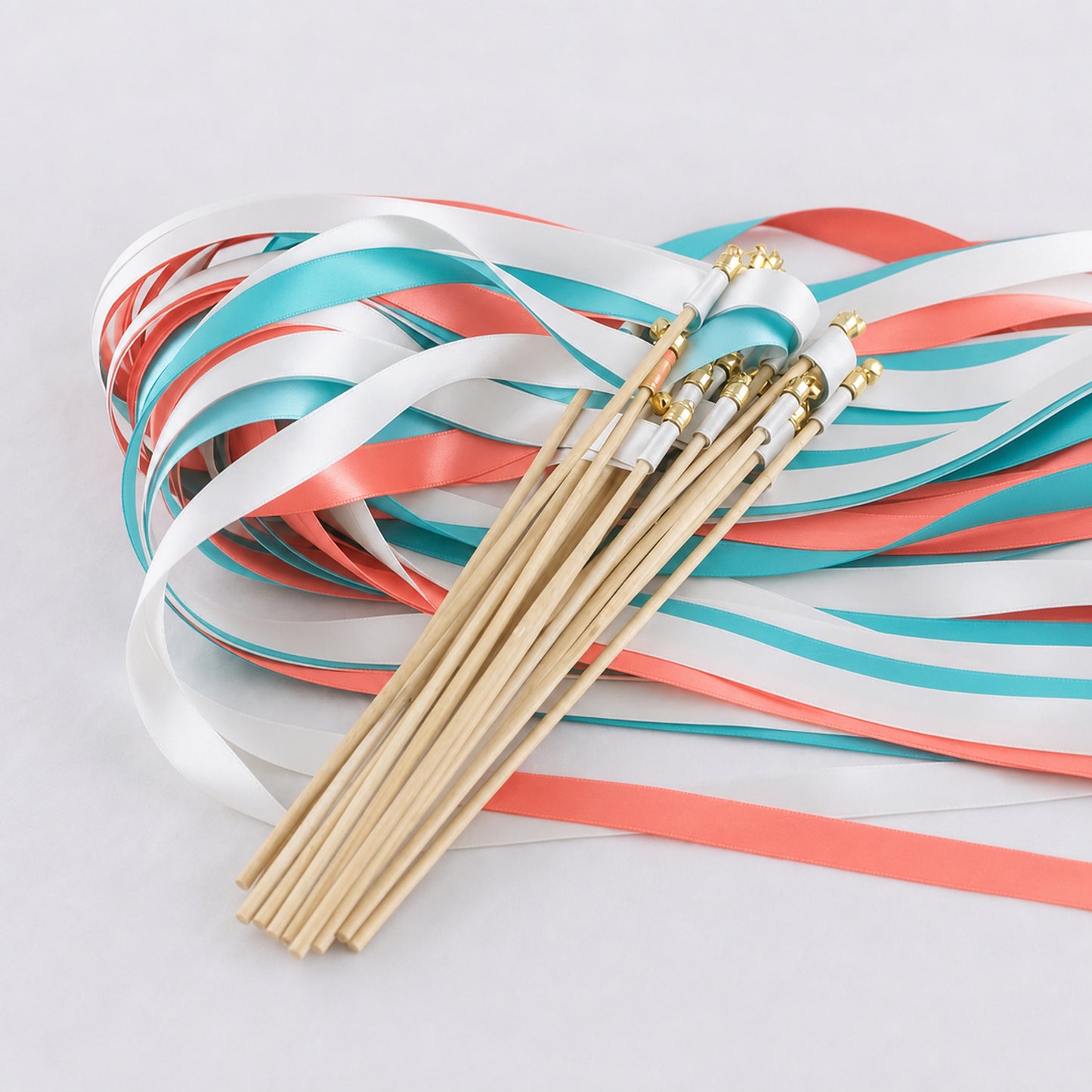 Tropical Coast Ribbon Wedding Wands - White, Turquoise Blue and Coral Triple Ribbon and Bell