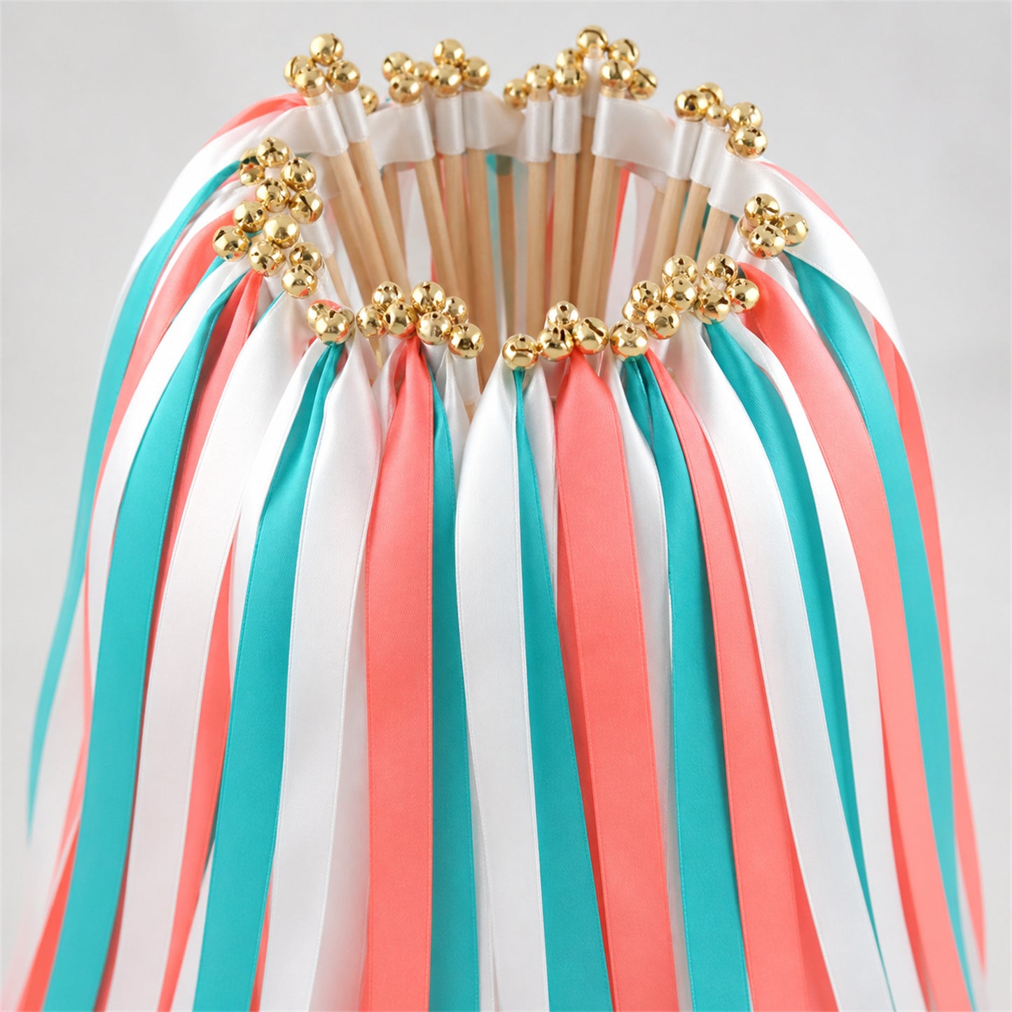 Tropical Coast Ribbon Wedding Wands - White, Turquoise Blue and Coral Triple Ribbon and Bell