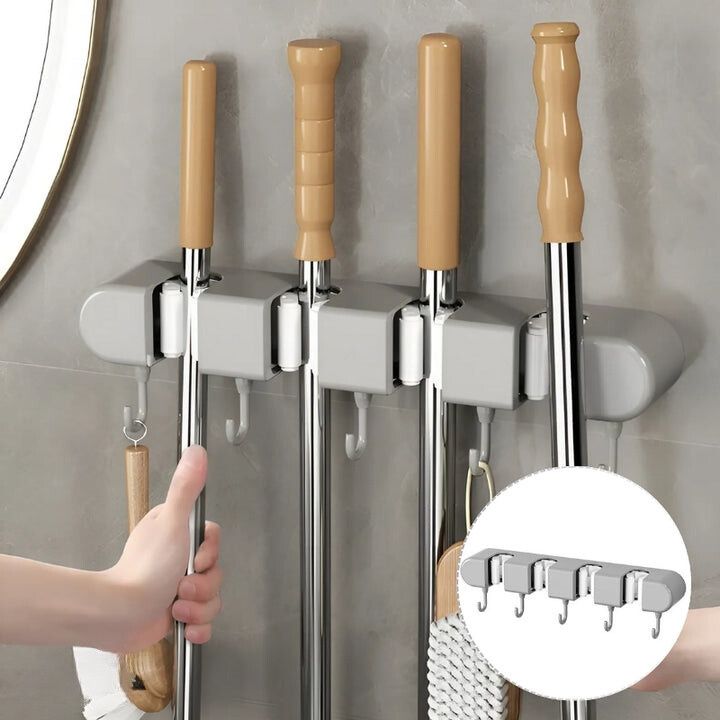GripMaster — Wall Mounted Mop and Broom Holder with Hooks