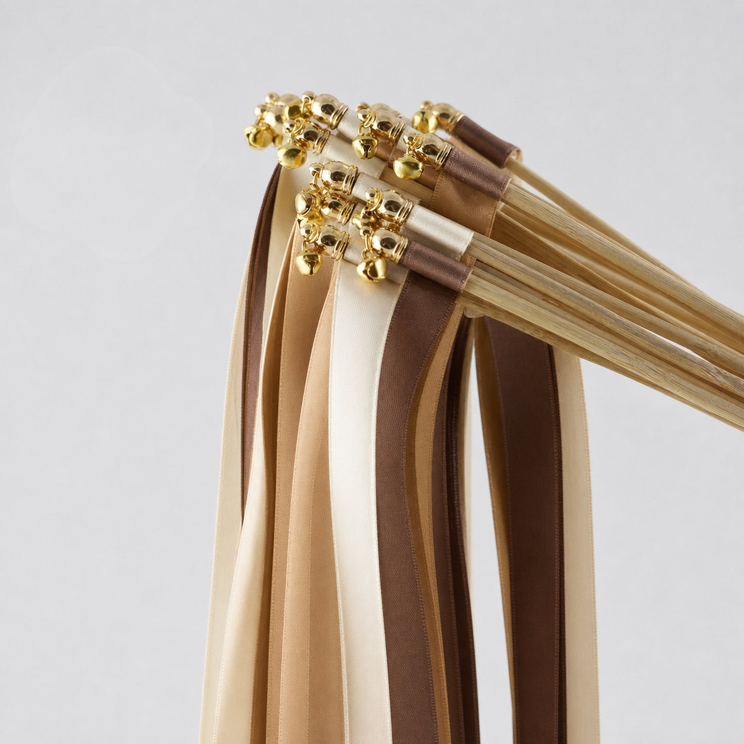 Cream, Toffee and Cocoa Wedding Exit Ribbon Wands with Bell - Rustic Caramel